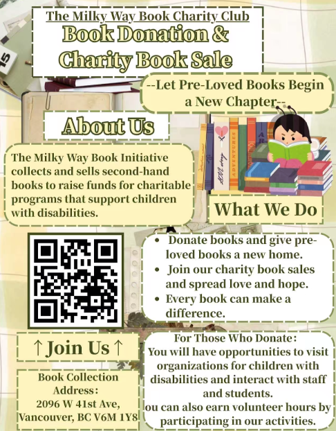 Complete book donation and charity book sale poster with project information, collection address and Join Us QR code