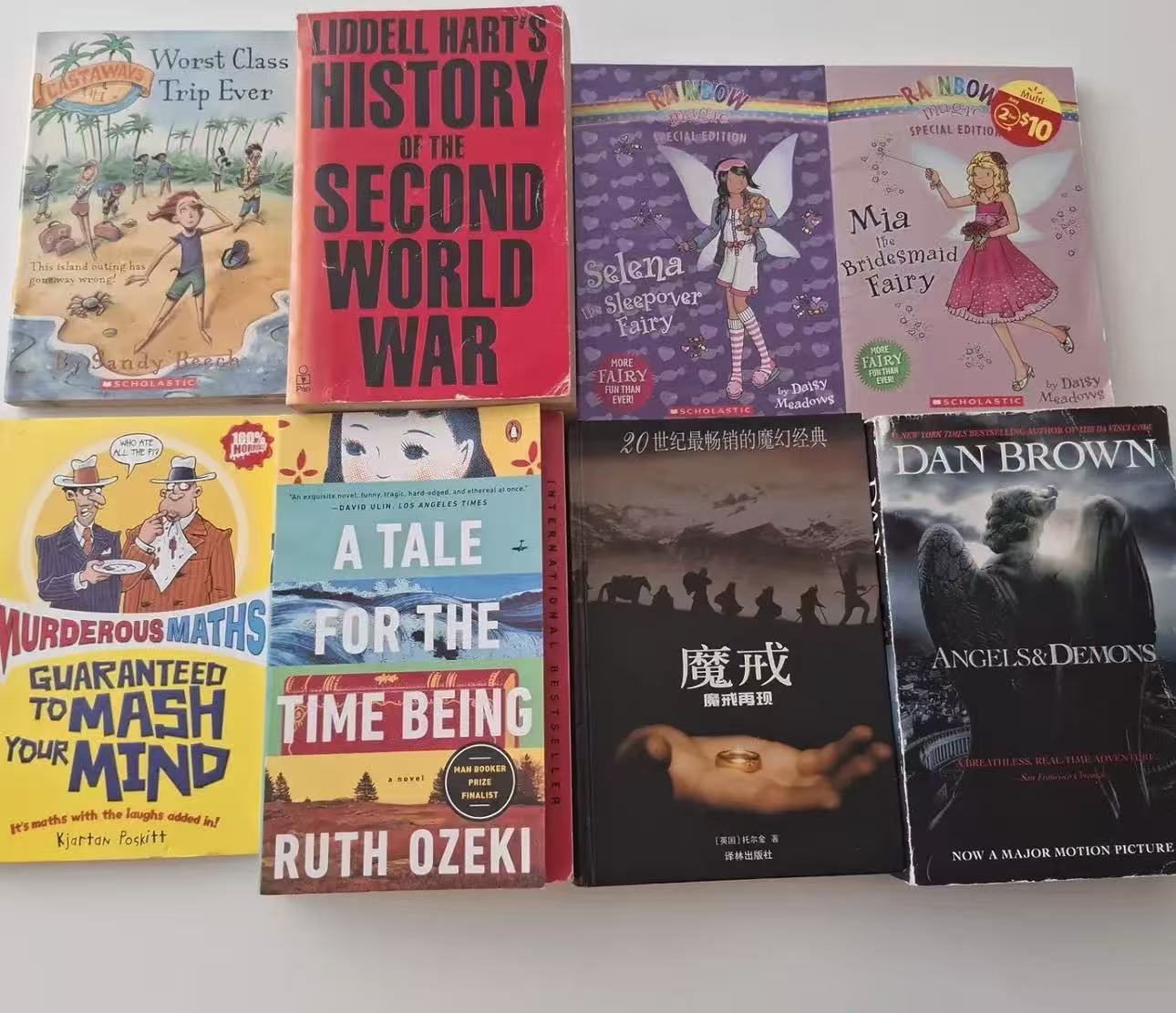 A selection of donated books including children's stories, history, fiction and a Chinese-language edition of The Lord of the Rings