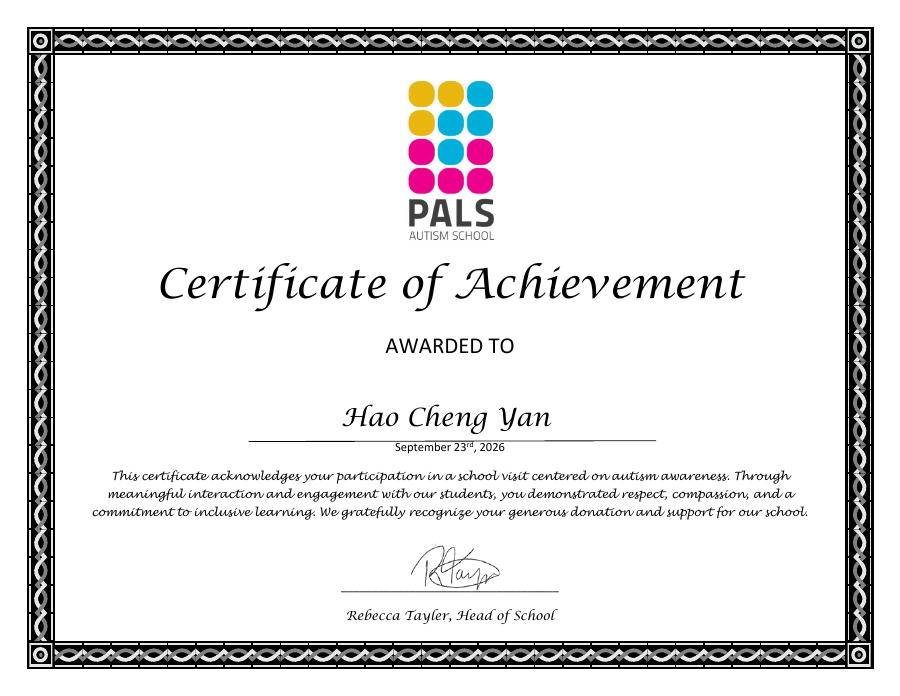 PALS Certificate of Achievement awarded to Hao Cheng Yan