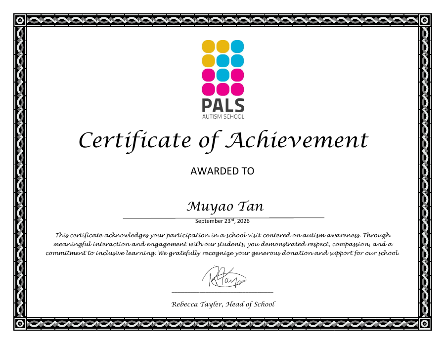 PALS Certificate of Achievement awarded to Muyao Tan