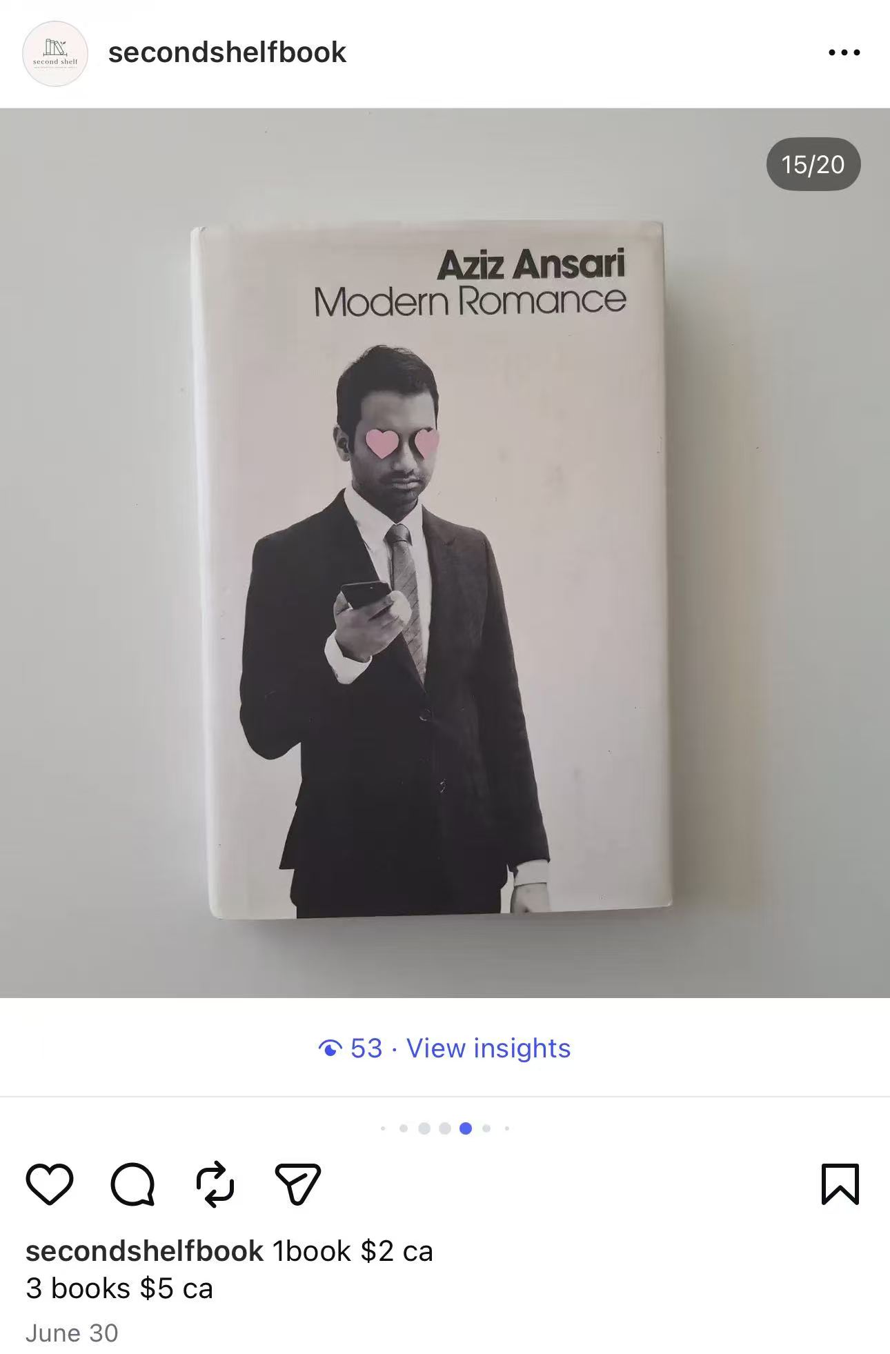 An Instagram book-sale post featuring Modern Romance by Aziz Ansari